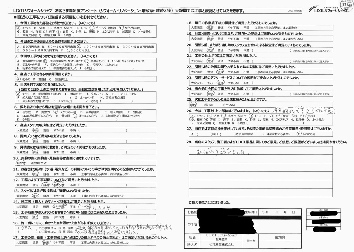 【埼玉県三郷市】M様邸キッチン交換工事アンケート クリナップ ラクエラ