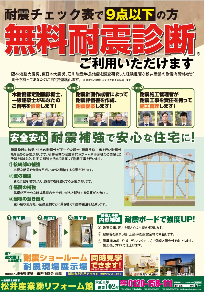 【埼玉県三郷市】無料耐震診断を行っています。