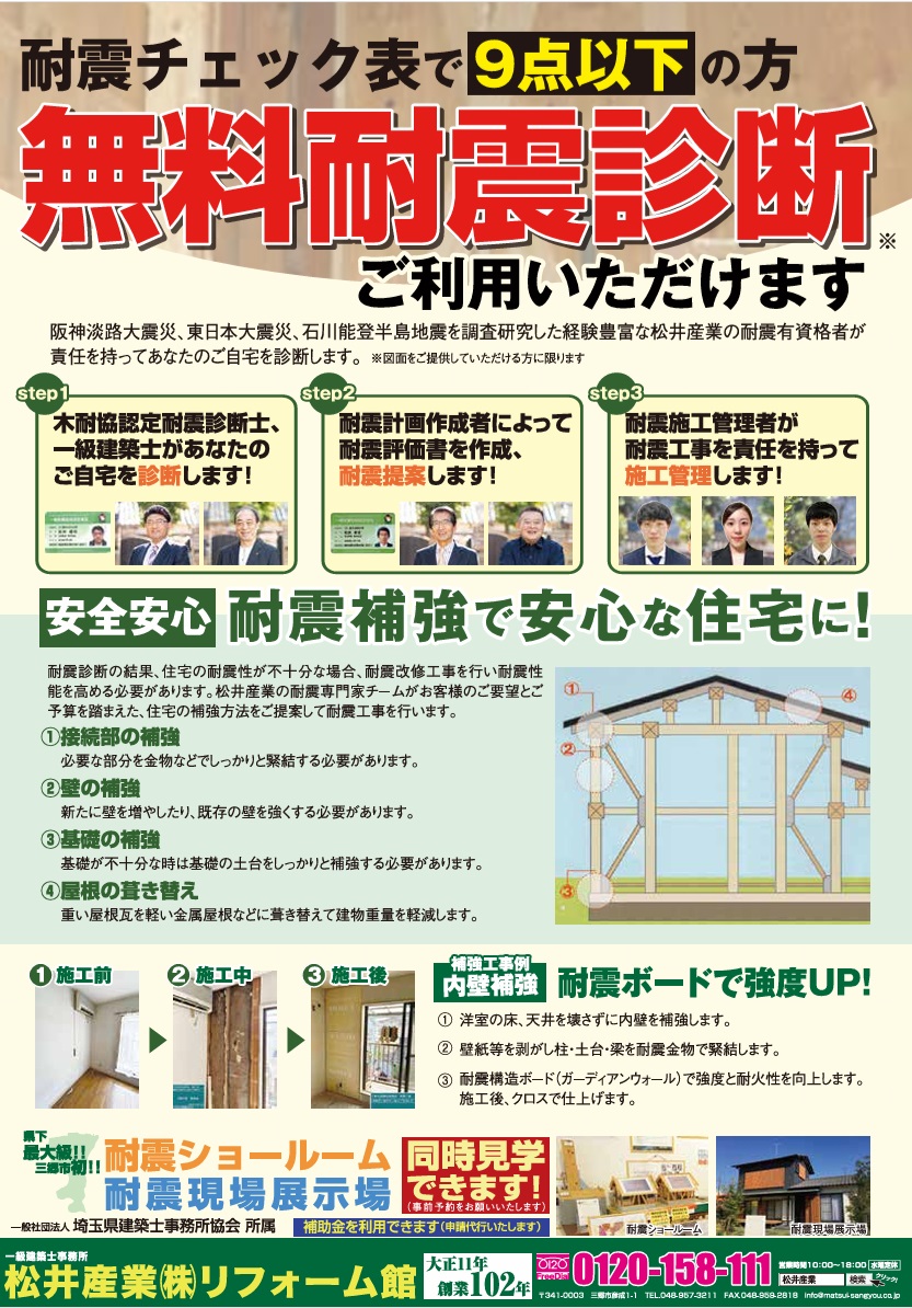 【埼玉県三郷市】無料耐震診断を行っています。 画像